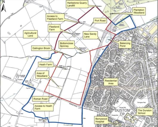 Scoping plans for 2,000 homes to the west of Duston have been submitted - but Northampton Borough Council will act only as a consultee when a decision on whether to grant them is made. Application area is outlined in red.
