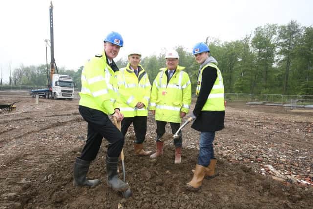 Northants Police Chief Constable Simon Edens, architect Andrew Robinson, Robert Kirkland, group managing director of Bowmer Kirkland and outgoing police and crime commissioner Adam Simmonds at the groundbreaking ceremony for the Northern Accommodation Hub and Police Investigation Centre at the site in Cherry Hall Road, on the North Kettering Business Park. Wednesday, May 11, 2016
