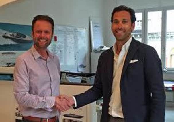 Andrew Pope, Head of Design at Fairline Yachts (left) and Alberto Mancini, AM Yacht Design (right) at the AM Yacht Design studio, Trieste, Italy