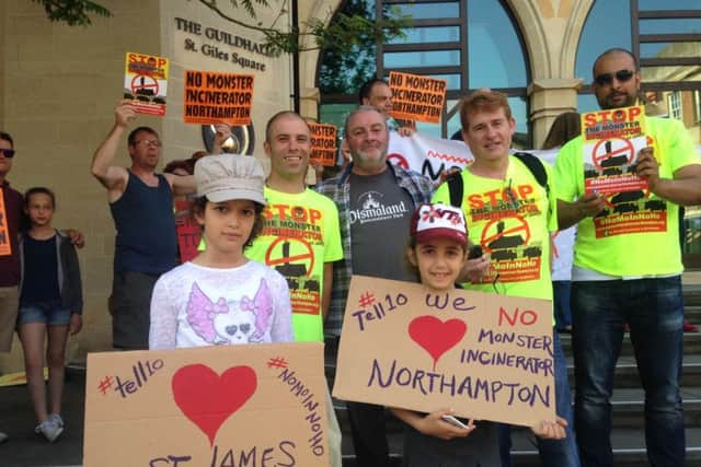 The No Monster Incinerator in Northampton group on the steps of the Guildhall.