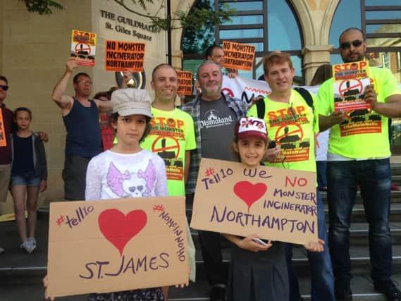 The No Monster Incinerator in Northampton group on the steps of the Guildhall.