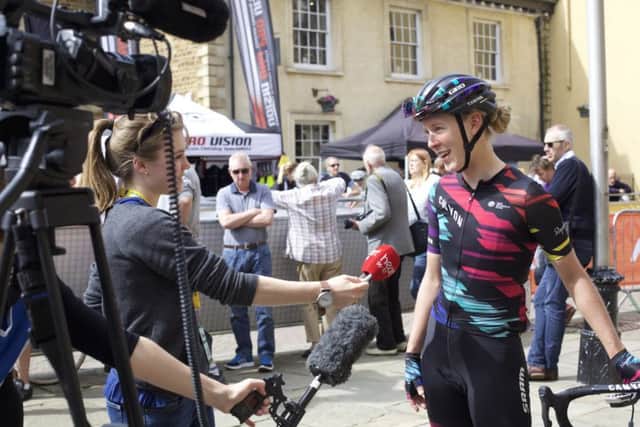 Hannah Barnes being interviewed before the stage five of the Womens Tour.