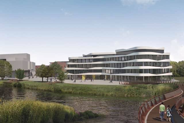 Artist's impression of the new campus with bridge joining Becket's Park