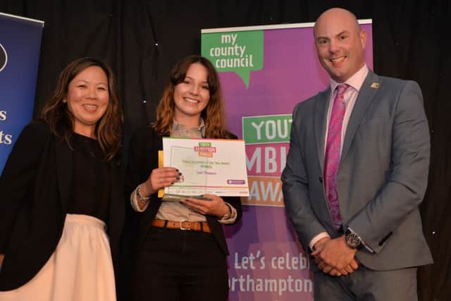 Alison Li of CDS presents the Young Apprentice of the Year to Leah Thompson with Councillor Matthew Golby.PICTURE: ANDREW CARPENTER