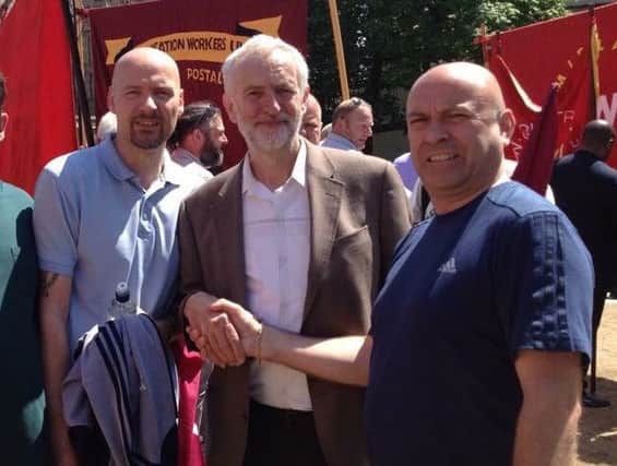 Jeremy Corbyn meets members of the Northampton CWU branch, Paul Bosworth and Mark Batterham.The union has slammed the bid to oust the leader as a self-serving 'coup'.