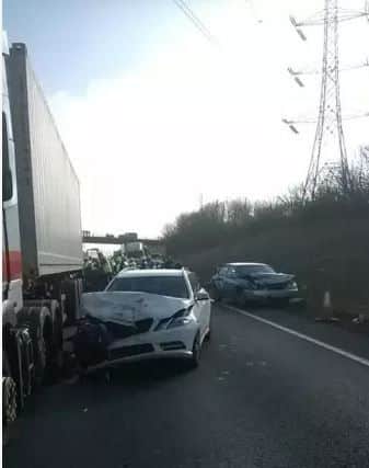 Five vehicles were damaged after a lorry driver failed to notice traffic was stationary on the A14 in Northamptonshire
