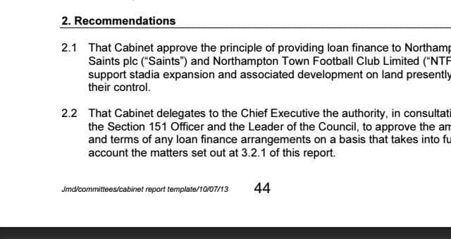 An excerpt from the July 17, 2013 cabinet report, at which the loan to Northampton Town was approved.