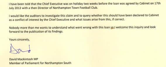 The Letter sent by David Mackintosh to the chair of the audit committee.