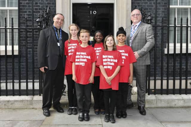 Lings Primary School outside Number 10 as part of an event held to mark 400 years since the death of William Shakespeare. 

The Prime Minister watch an evening performance held in the gardens.