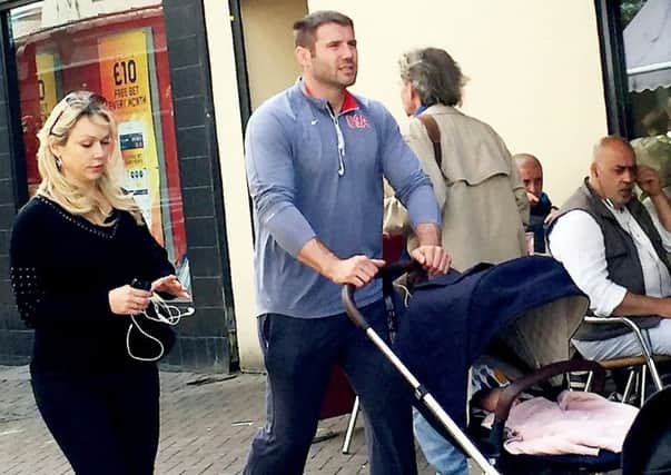 England world cup winning rugby star Ben Cohen and his Strictly Come Dancing girlfriend Kristina Rihanoff with their new baby in Fish Street, Northampton. Picture via SWNS. NNL-160714-105354001