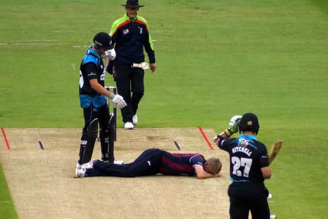 Stone suffered a serious knee injury while celebrating the wicket of Worcestershire's Moeen Ali