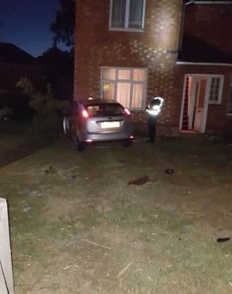 Pictures from the scene last night show how the car careered through a garden before hitting the house.