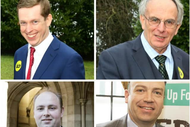 Clockwise, from the top, Tom Pursglove MP for Corby, Peter Bone, MP for Wellingborough, David Mackintosh, MP for Northampton South, and Chris Heaton-Harris, MP for Daventry