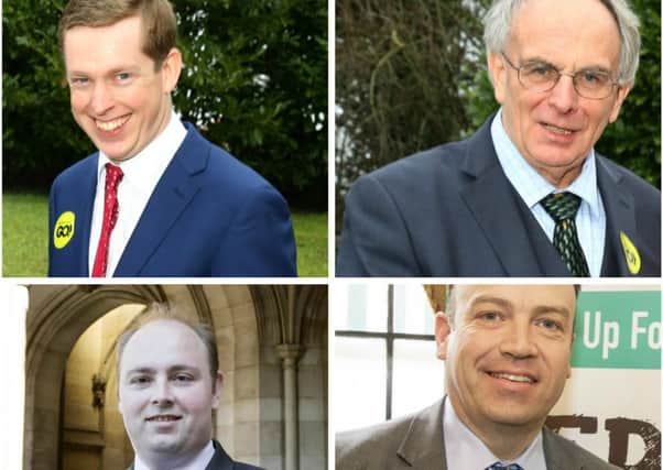 Clockwise, from the top, Tom Pursglove MP for Corby, Peter Bone, MP for Wellingborough, David Mackintosh, MP for Northampton South, and Chris Heaton-Harris, MP for Daventry