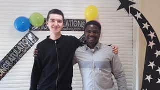Kamil Wezgowiec (Distinction* in IT, A* in Polish, B in Maths and C in Further Maths) pictured here with his Maths teacher