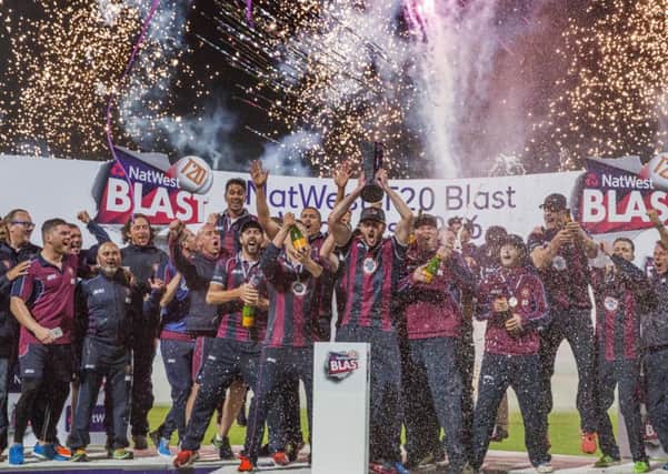 PRIZE GUYS - the Northants squad celebrates as Alex Wakely lifts the NatWest T20 Blast Trophy at Edgbaston (Pictures: Kirsty Edmonds)