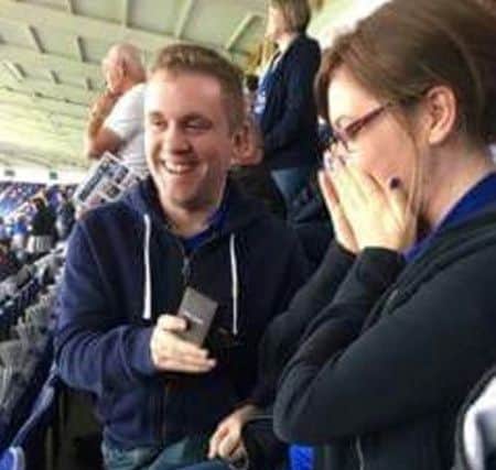 Romantic Leicester City fan Matt Yeoman stunned his girlfriend Stacey Peach by proposing to her on the big screen before kick-off at the Premier League champions' ground.