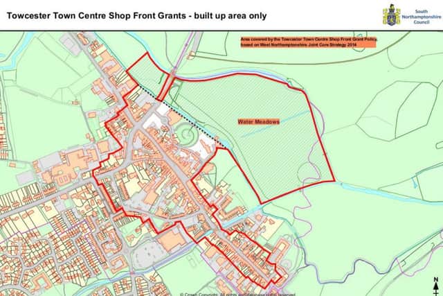 The map of the area of Towcester eligible for the grants