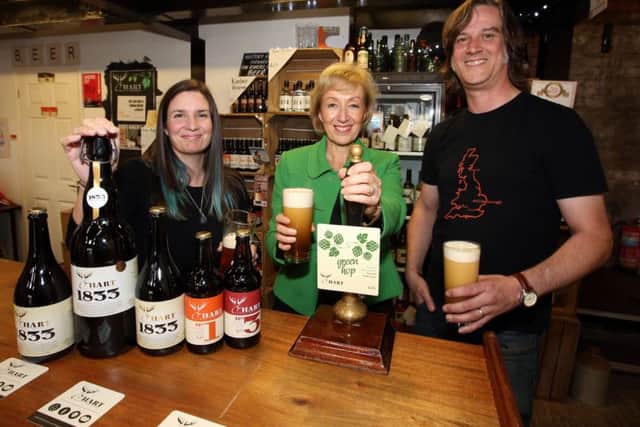 Brewery Visit: Wellingborough: Andrea Leadsom MP Minister of State at the Department of Energy and Climate Change, visits Hart Family Brewers Sarah and Rob Hart with Andrea Leadsom MP.
Friday September 30 2016 NNL-160930-182937009