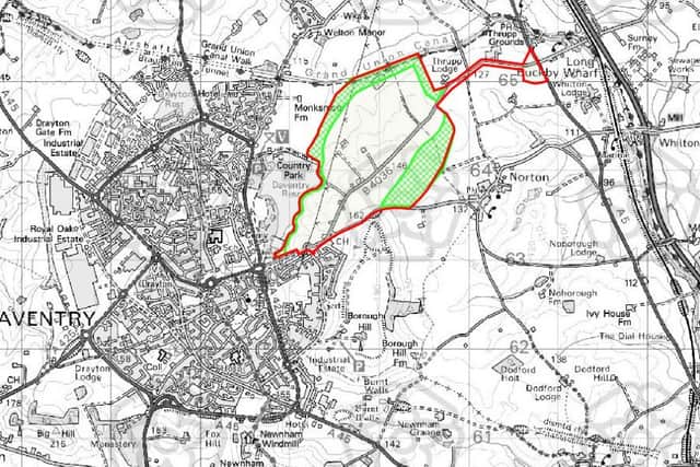 The map of the extension site. The red line is the maximum extent of the site. Houses are likely to be contained in the white area in the middle of the site