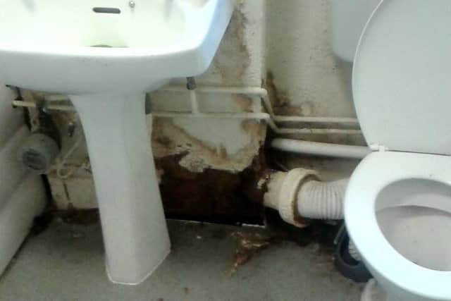 A leaking sewage pipe leaves family bathroom flooding with human waste, urine and dirty washing machine water