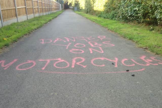 The bridleway between Hunsbury Hill and Sixfields is now daubed with graffiti warning people of the fast bikes.