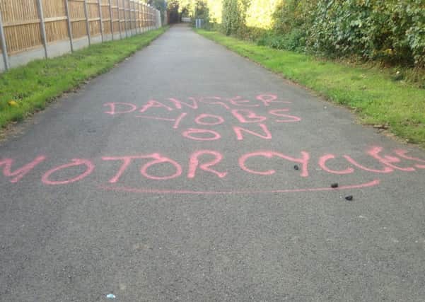 The bridleway between Hunsbury Hill and Sixfields is now daubed with graffiti warning people of the fast bikes.