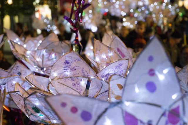 Northampton market square. Diwali parade through the town centre.