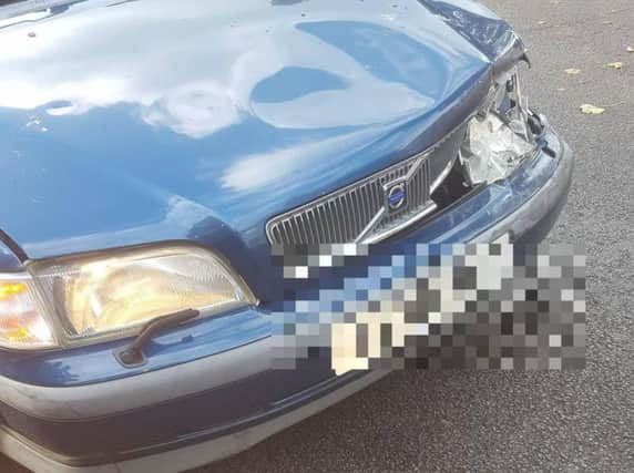 A driver ploughed into a car, claiming his brakes were not working. But then the uninsured motorist made a run for it, leaving the car where it is.