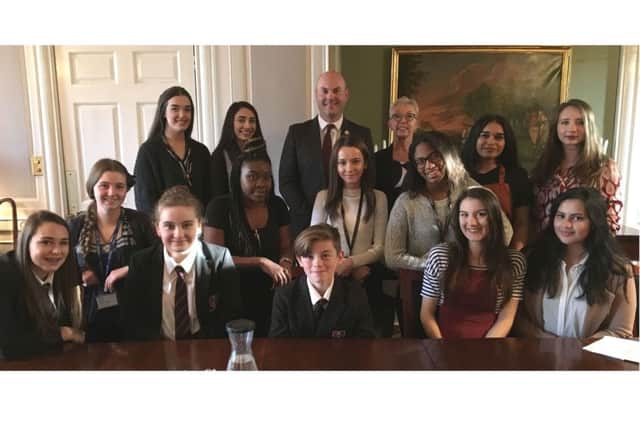 Pupils from Sir Christopher Hatton Academy in Wellingborough and Sponne School in Towcester with Northamptonshire County Council director for childrens services Lesley Hagger and Cllr Matthew Golby for national Takeover Challenge day.