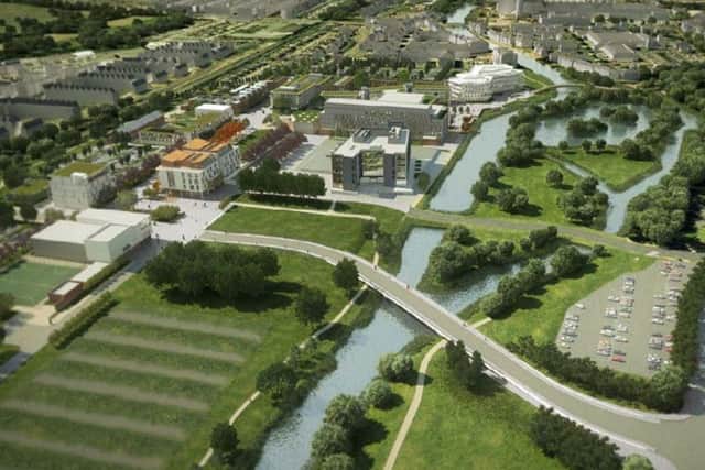 A 2014 artist's impression of the Waterside Campus. The white sports hub building is near the sports pitch at the left of the image.