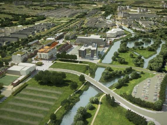 A 2014 artist's impression of the Waterside Campus. The white sports hub building is near the sports pitch at the left of the image.