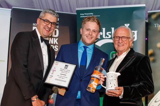 (L-R) Bruce Ray, Corporate Affairs Director, Carlsberg UK, Ben Jelley, owner of Jelley Distilleries, Michelin-starred chef, Michele Roux Snr