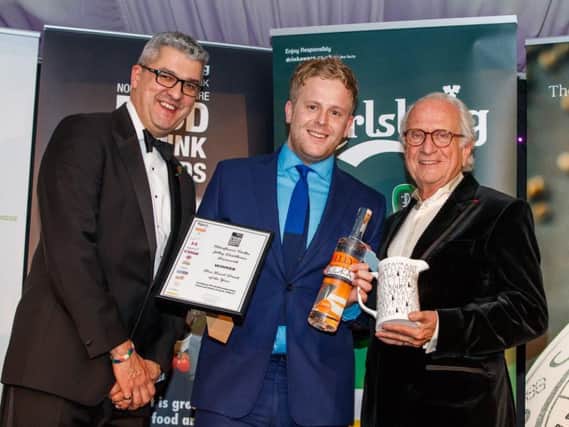 (L-R) Bruce Ray, Corporate Affairs Director, Carlsberg UK, Ben Jelley, owner of Jelley Distilleries, Michelin-starred chef, Michele Roux Snr