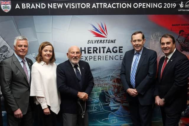 From left, Derek Warwick, Patron of the Silverstone Heritage Experience; Sally Reynolds, CEO of Silverstone Heritage Limited; Sir Stirling Moss OBE, Patron of the Silverstone Heritage Experience; Sir Peter Luff, Chair of HLF; and Nigel Mansell CBE, Patron of the Silverstone Heritage Experience.