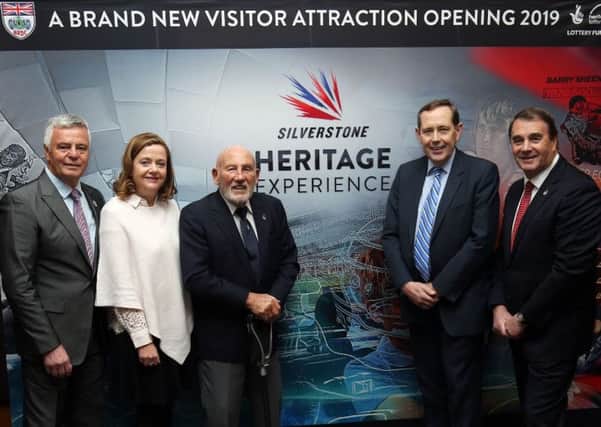 From left, Derek Warwick, Patron of the Silverstone Heritage Experience; Sally Reynolds, CEO of Silverstone Heritage Limited; Sir Stirling Moss OBE, Patron of the Silverstone Heritage Experience; Sir Peter Luff, Chair of HLF; and Nigel Mansell CBE, Patron of the Silverstone Heritage Experience.