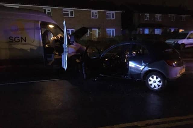 The crashed Ford Ka in Broadmead Avenue on wednesday night. Photo by Michael Owens.