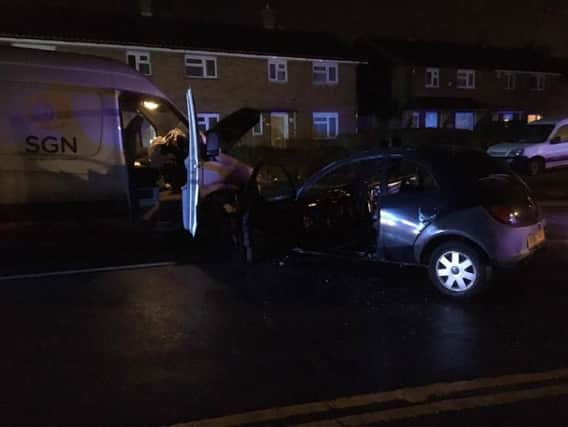 The crashed Ford Ka in Broadmead Avenue on wednesday night. Photo by Michael Owens.