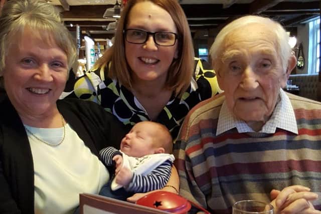 From the left, Walter's daughter, Anita Marston holding great-grandson, Mason. Above, granddaughter, Tina and right, Walter.