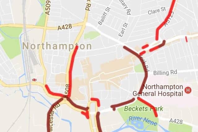Google traffic map showing the delays around Northampton at 5pm on Friday night