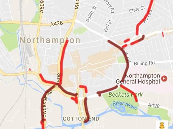 Google traffic map showing the delays around Northampton at 5pm on Friday night