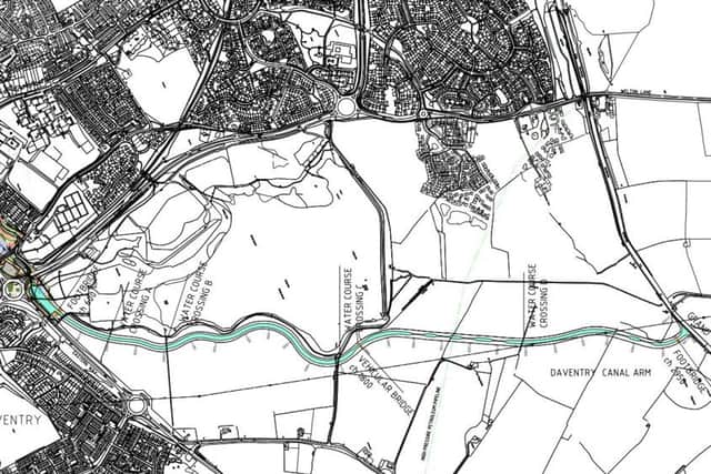 The planned canal arm; the iCon roundabout is on the left and the Grand Union Canal on the right.