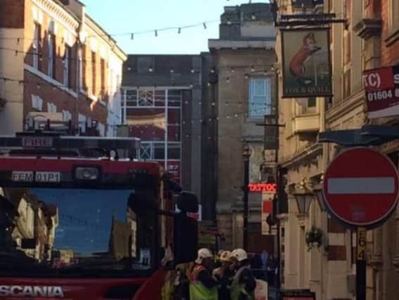 Fire crews are currently tackling flames at the Fox and Quill pub, which has entrances in St Giles Street and Fish Street.