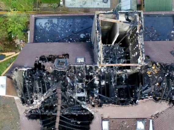 An aerial shot showing the burned out roof of the building in Glenfield, Leicestershire.