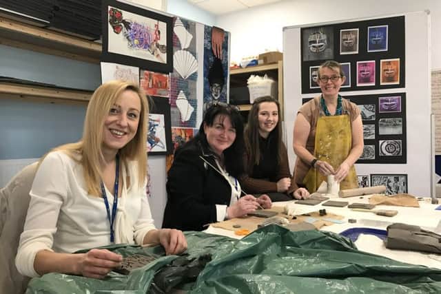 From left, Agata Burns, who works in the enrolment centre at Daventry, college principal Pat Brennan-Barrett, art and design student Becky Kilsby, art and design student Stira Hajibrahi
