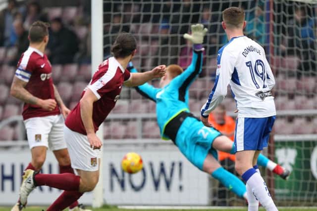 John-Joe O'Toole watches his header hit the back to the Chesterfield net