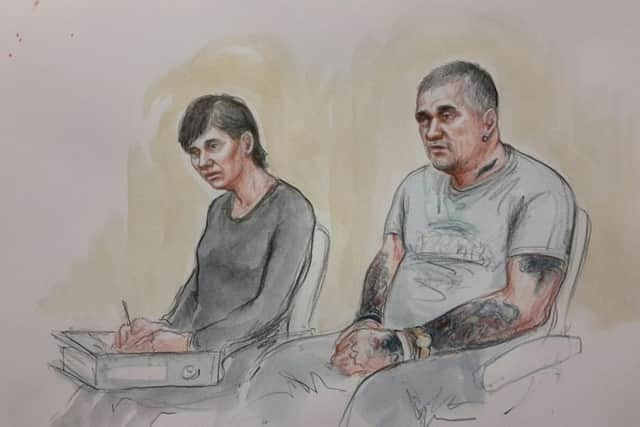 Nicholas and Joan Taylor face more than 100 charges including child sex abuse and supplying class A drugs. Sketch by Helen Tipper.