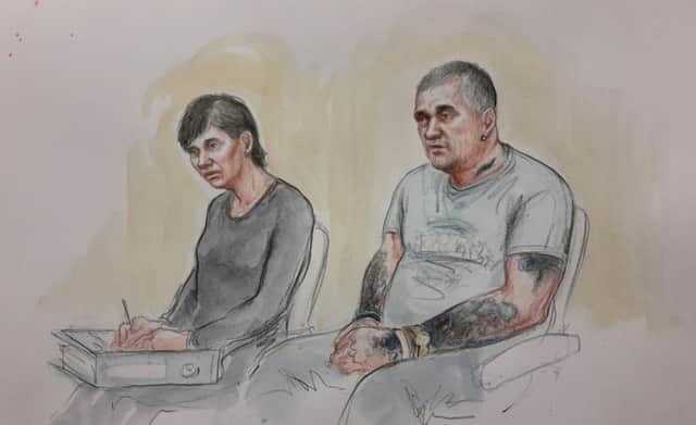 Nicholas and Joan Taylor face more than 100 charges including child sex abuse and supplying class A drugs. Sketch by Helen Tipper.