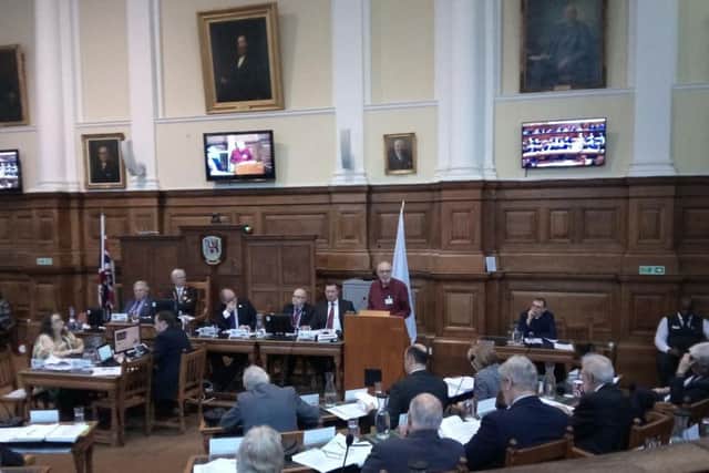 Paul Crofts of Save Northants Services makes his speech at at County Hall.