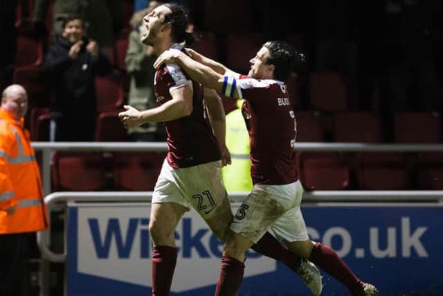 John-Joe O'Toole celebrates his goal in the Cobblers' 2-1 defeat to Oldham